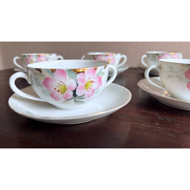 Early 20th Century Noritake Azalea cream soup cups with saucers, set of five. Porcelain with classic Noritake Japan...