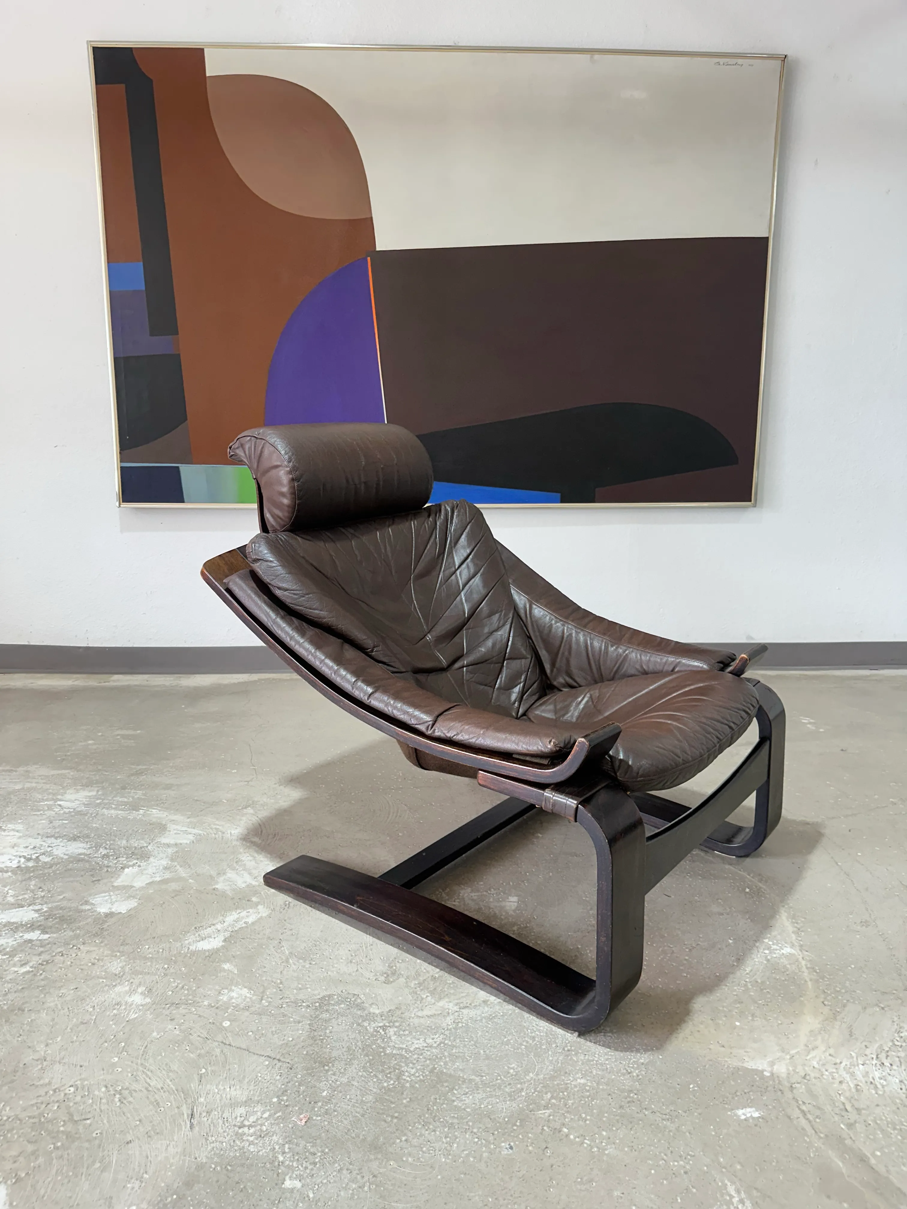 1970s Mid Century Kroken Cantilevered Wood and Leather Lounge