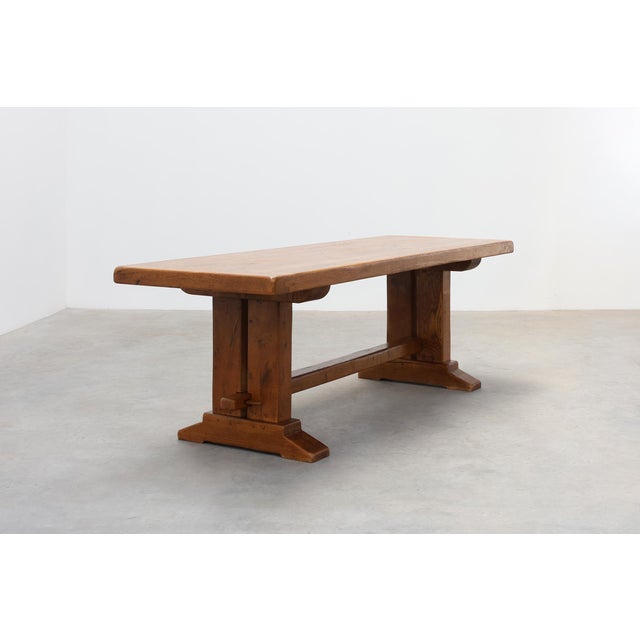 Brown Vintage Oak Trestle Table with Pegged Stretcher, France, 1950s For Sale - Image 8 of 18