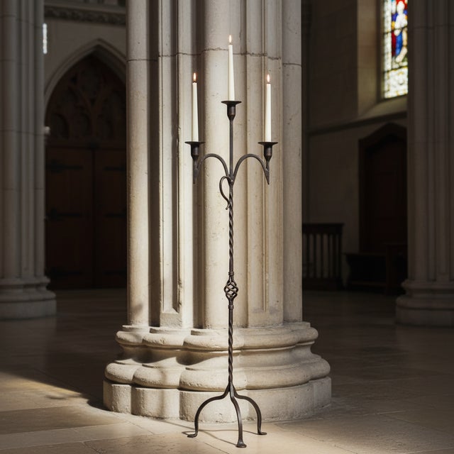 Hand Forged Iron Floor Candelabra 49″ (124cm) Antique Copper Patina 3-Arm Wide Base Stable Candle Holder Rustic Decor For Sale - Image 4 of 8