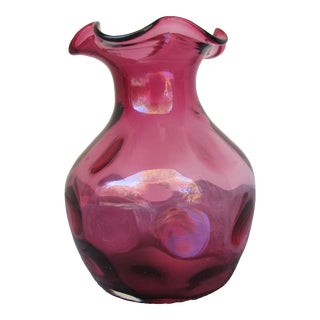Vintage Cranberry Blown Glass Fenton Vase Flower Vase Thumb Print Design Mid Century Coin Dot For Sale