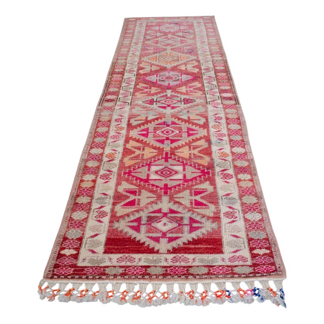 1970s 1970s Runner Kurdish Hand-Knotted Rug Pink Hallway Decor Kitchen Floor Accent 3x11 Ft Approx For Sale - Image 5 of 18