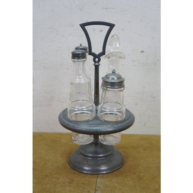Antique Victorian Silver Plate Etched Glass Cruet Condiment Set 12" For Sale - Image 6 of 18