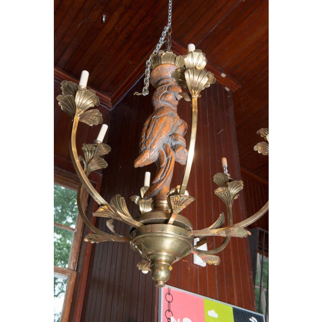Mid-Century Modern Large Carved Parrot & Brass Chandelier For Sale - Image 3 of 13