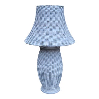 Tall White Wicker Lamp With Matching Wicker Lamp Shade For Sale