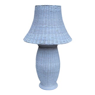 Tall White Wicker Lamp With Matching Wicker Lamp Shade For Sale