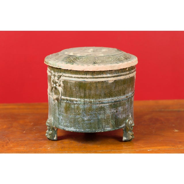 202 BC Chinese Han Dynasty Glazed Terracotta Lidded Vessel with Feet For Sale - Image 4 of 13