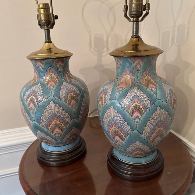 Porcelain Lamp Multicolored Leaf Patterns in “Flamestitch” 28inches with harp, comes with pineapple finials