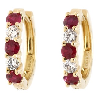 1.07ctw Ruby & Diamond Huggie Hoop Earrings, 18k Yellow Gold, Dainty For Sale