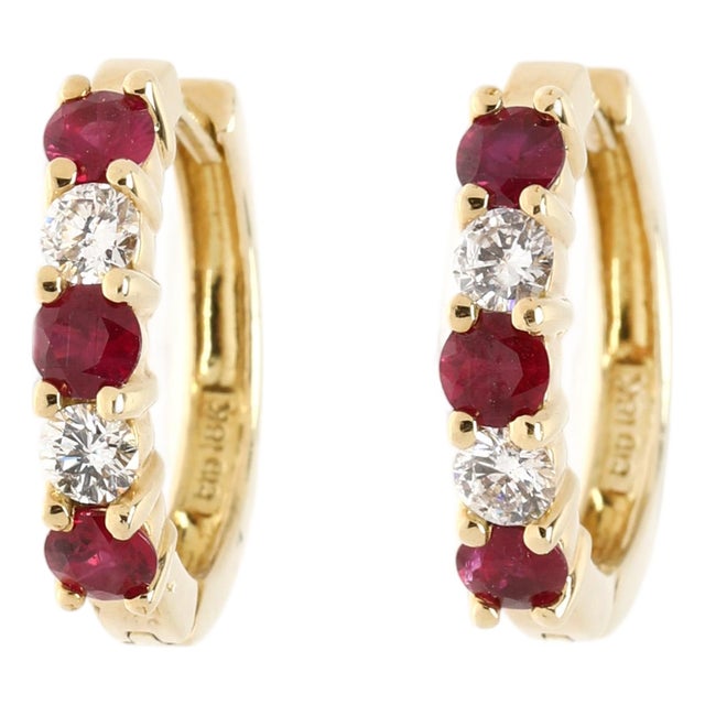 1.07ctw Ruby & Diamond Huggie Hoop Earrings, 18k Yellow Gold, Dainty ...