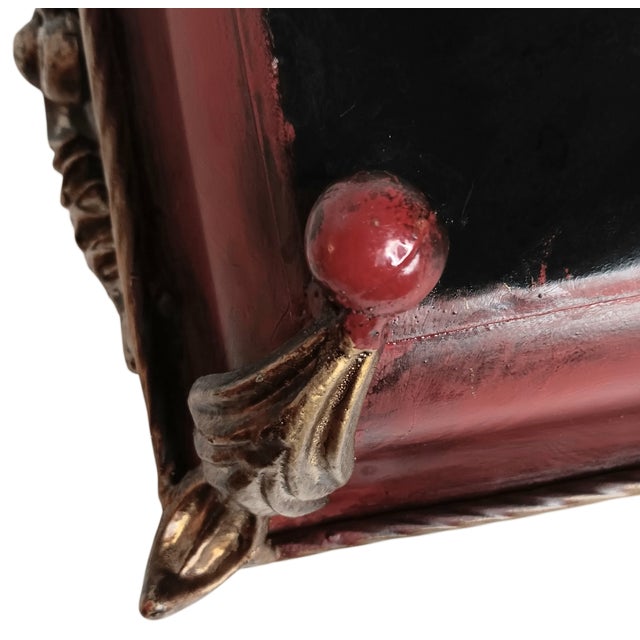 Ornamental & Decorative Materials Large Metal Serving Tray Cranberry Red and Gold Leaf Vine Design Ornate Handles For Sale - Image 7 of 18