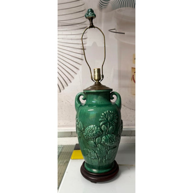 Antique Green Aapplied Flower AWAJI POTTERY Vase, made into a lamp. Lamp Measurements: Vase alone-15”, Total height-30 “,...
