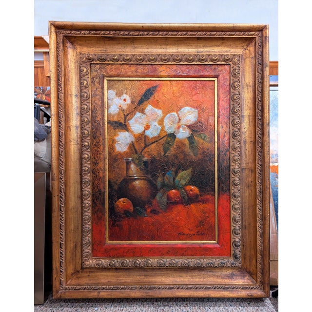 2020s Framed Oil on Canvas Still Life Painting With a Bronze Vase Fruits and Flowers For Sale - Image 5 of 5