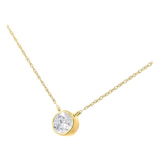14K Yellow Gold .925 Sterling Silver 1/3 Cttw Round Cut Diamond Bezel 18" Pendant Necklace (J-K Color, I1-I2 Clarity) For Sale