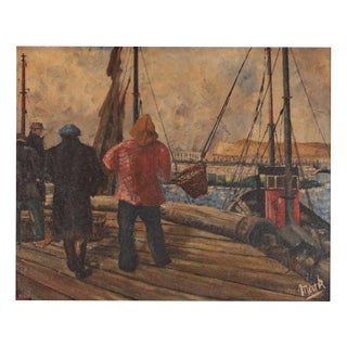 Flanders Artist, Fishermen on a Boat, Oil on Fiberboard, Framed For Sale