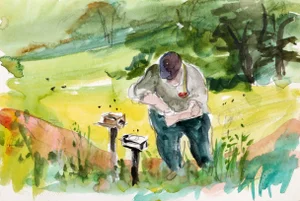 Bird Feeder, Cecil Bell Watercolor and Pencil on Paper, Signature Stamped Lower Left