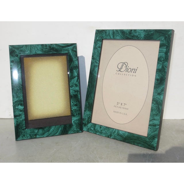 Dark Green lacquer pair of photo frames by Dioni. Modern dark green pattern resembling abstracted wood grain or malachite....