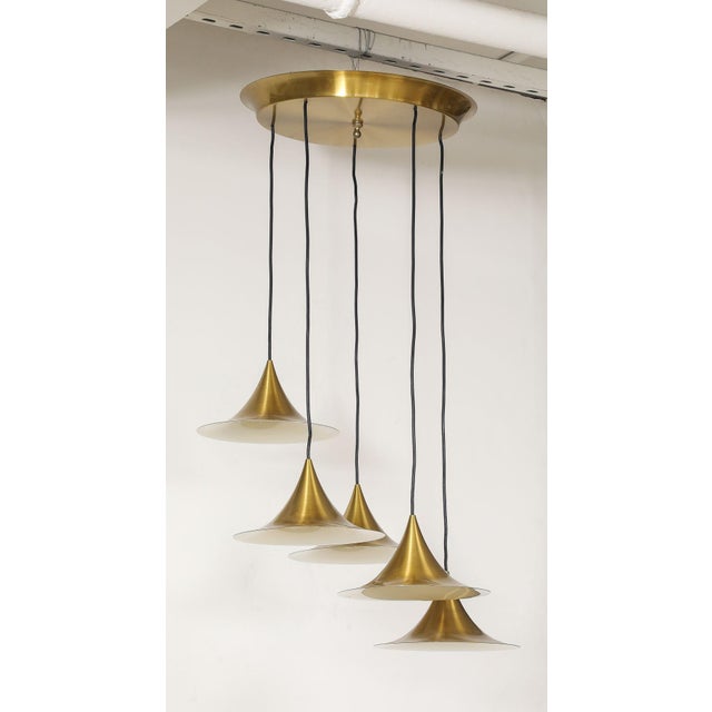 Midcentury Modern Italian Brass Flushmount Light With Five Pendant Drops For Sale - Image 4 of 12