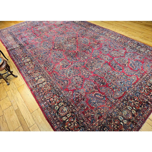 Textile Antique Oversized Persian Sarouk Area Rug, Hand-Knotted Wool, Allover Floral Pattern, 10x18, Red & Navy For Sale - Image 7 of 18