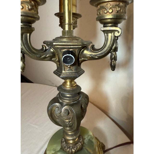 Vintage Ornate Rembrandt Cast Iron Green Onyx Stone 3 Arm Electric Table Lamp For Sale - Image 9 of 11