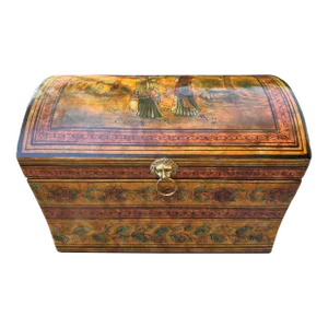 Vintage Chinese Wood Hand Painted Lacquer Large Dome Decorative Box With Lion Handle