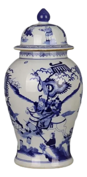 Antique Chinese Ceramic Pot Qing Dynasty Kangxi Marked Blue and White Porcelain Ginger Jar Hand Painted Warrior Pattern