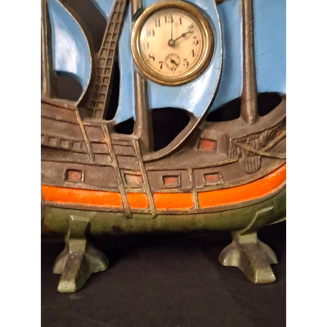 Antique Cast Iron Ship Mantel Clock Connecticut Foundry Waterbury Movement 1920s For Sale - Image 17 of 18