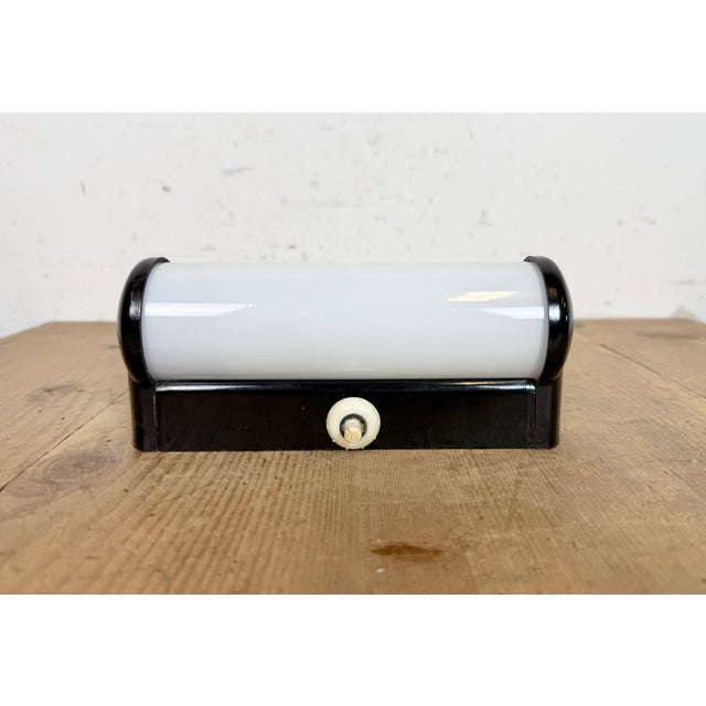 Industrial Brown Bakelite Wall Light with Milk Glass Shade from Elektrosvit, 1950s For Sale - Image 4 of 12