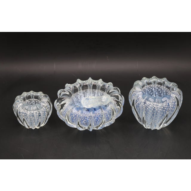 Set of 3 Blue Ercole Barovier "Bullicante" Murano Glass Vase for Barovier & Toso For Sale - Image 11 of 13