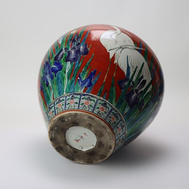 Antique Japanese Meiji Aesthetic Figural & Floral Pottery Vase With Heron C1900 For Sale - Image 9 of 11