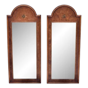 Mid 20th Century Italian Burl Olive Arched Beveled Wall Mirrors
