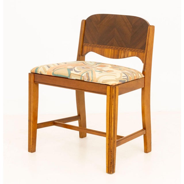 American Art Deco Mirrored Marquetry Inlaid Walnut Vanity and Chair For Sale - Image 15 of 16