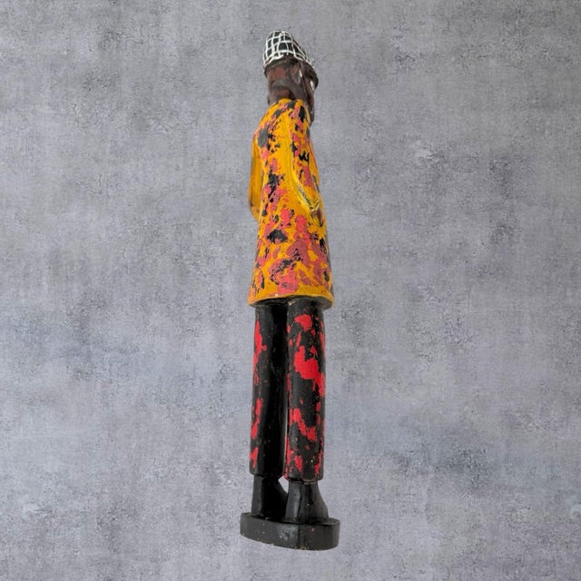 Wood Vintage African Carved Wood Colon Statue Figure Gentleman Suit Painted 17 In For Sale - Image 7 of 10