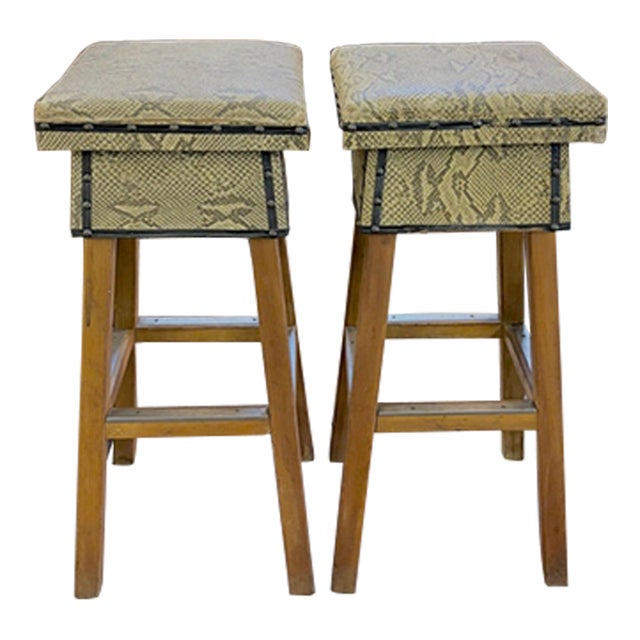 Mid Century Faux Snakeskin Upholstered Wood Stools - Signed For Sale