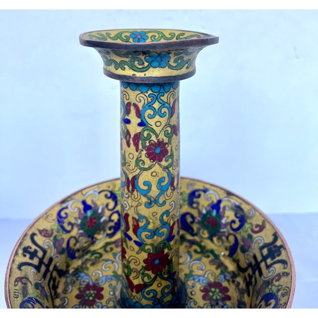 19th Century Chinese Imperial Yellow Cloisonné Enamel Pricket Candle Holders - A Pair For Sale In Dallas - Image 6 of 18