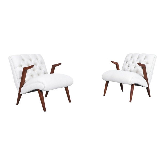 1950s Vintage Walnut Floating Armrests Lounge Chairs - Set of 2 For Sale