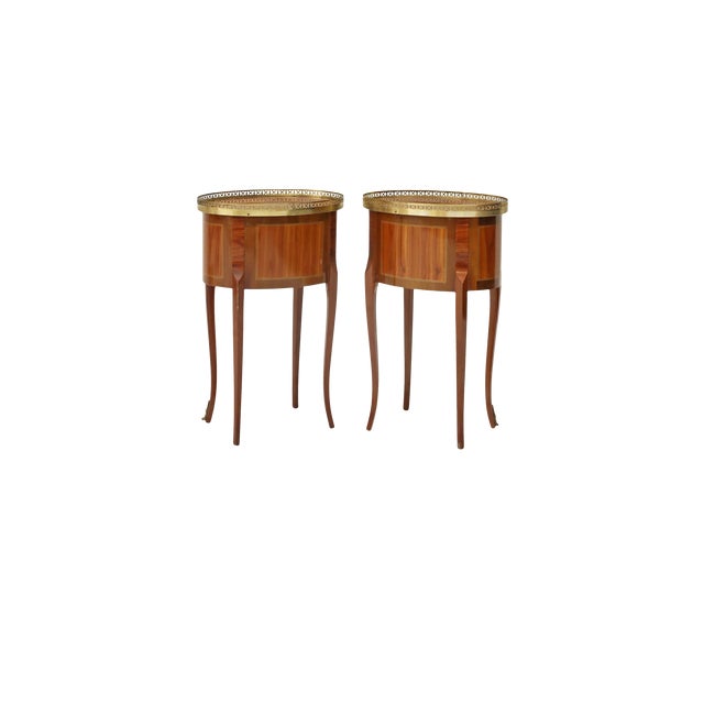 French Pair of French Louis XVI-Style Marquetry Bedside Tables With Brass Gallery For Sale - Image 3 of 5
