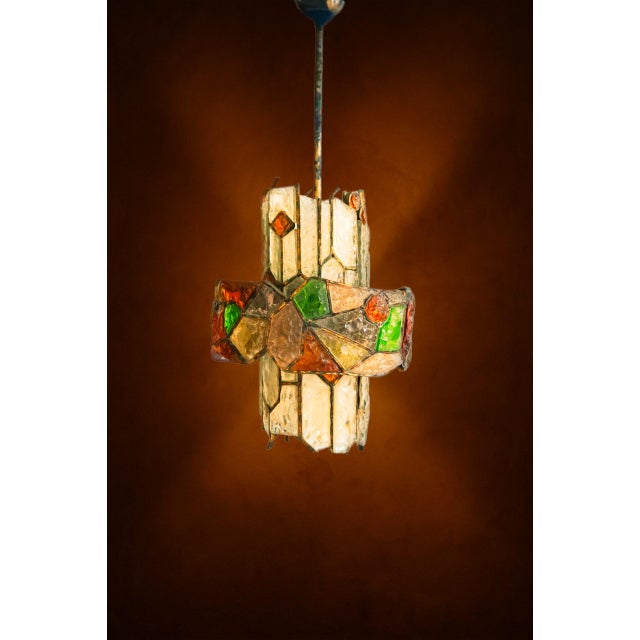 Colored Glass and Brass Chandelier Product details Lighting with six bulbs with standard socket This piece is attributed...