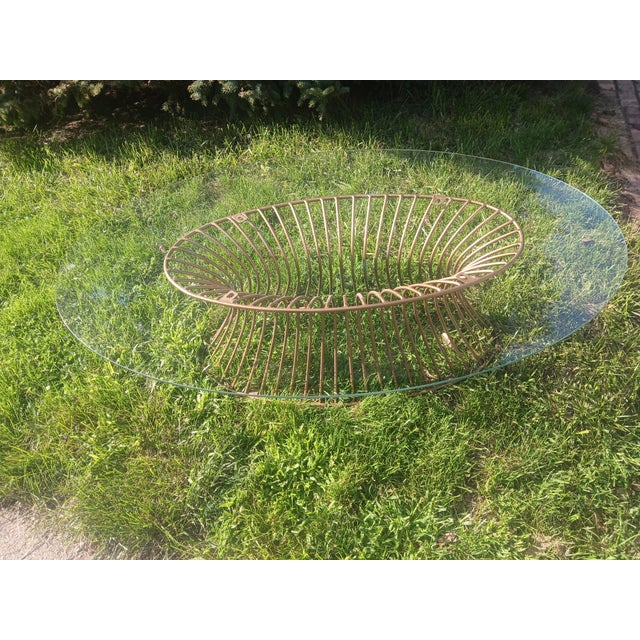 Gold 1980s Wrought Iron Gold Wired Cage and Glass Oval Coffee Table For Sale - Image 8 of 11