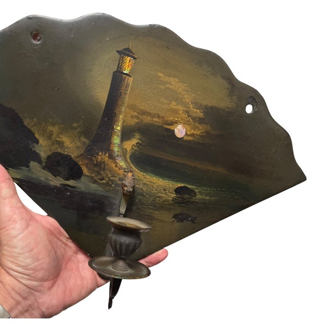 19th Century Pair of Antique Hand Painted Candle Sconces W Nocturnal Lighthouse Scene For Sale - Image 5 of 5