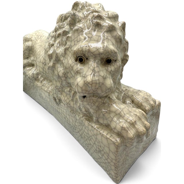 Traditional Pair of Mid-Century Italian Crackle-Glazed Ceramic Recumbent Lions For Sale - Image 3 of 10