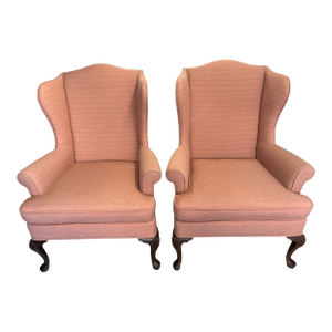Late 20th Century Woodmark Originals Queen Anne Style Mahogany Wingback Chairs - A Pair