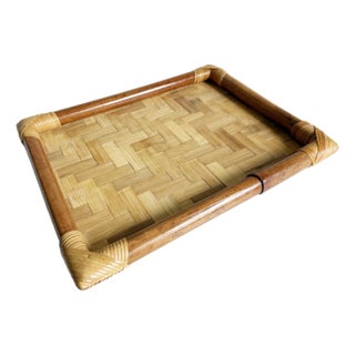 1970s Palm Beach Style Bamboo Rattan Tray For Sale