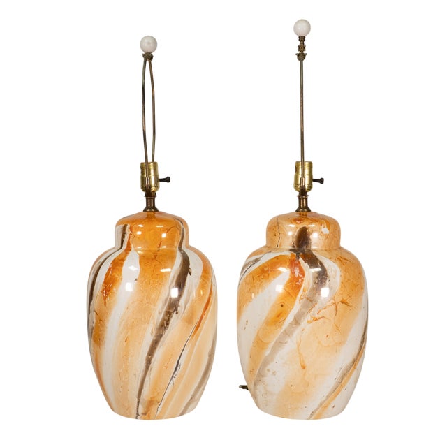 Morris Greenspan Vintage Morris Greenspan Marbled Glazed Drip Ceramic Table Lamps - Pair For Sale - Image 4 of 17
