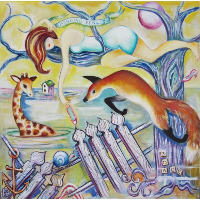 In "Mending Fences," a whimsical scene unfolds with a woman in a blue swimsuit reaching toward a playful giraffe and a...