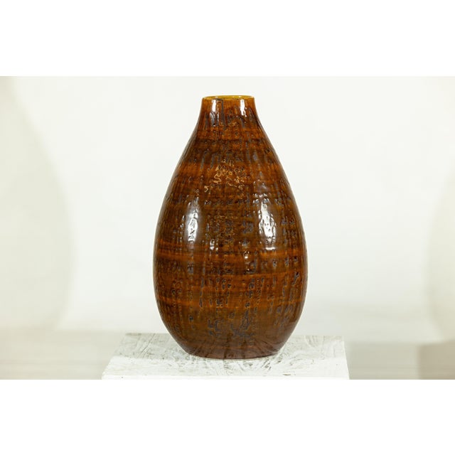 Large Artisan Ceramic Vase with Textured Amber-Brown Glaze and Teardrop Form For Sale In New York - Image 6 of 18