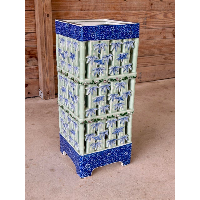 Large Pierced Celadon Faux Bamboo Ceramic Umbrella Stand or Jardinière For Sale - Image 10 of 12