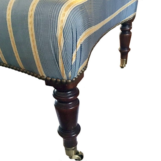 Vintage French Napoleon III Curved Back Armchair With Matching Ottoman Covered With Osborne & Little Mid Blue & Yellow Striped Silk Moiré. For Sale - Image 12 of 13