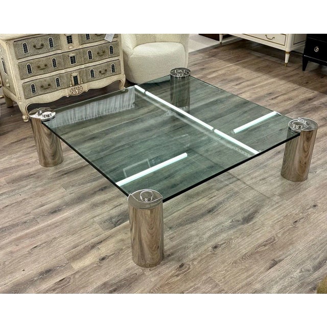 Gray Mid-Century Modern Karl Springer Signed Chrome Coffee, Cocktail Table, Glass Top For Sale - Image 8 of 13