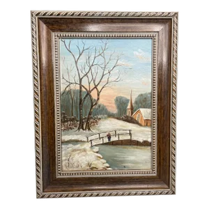 Vintage Impressionist Winter Landscape Still Life Original Framed Oil Painting on Canvas, Blues, Silvery Greens and Peach